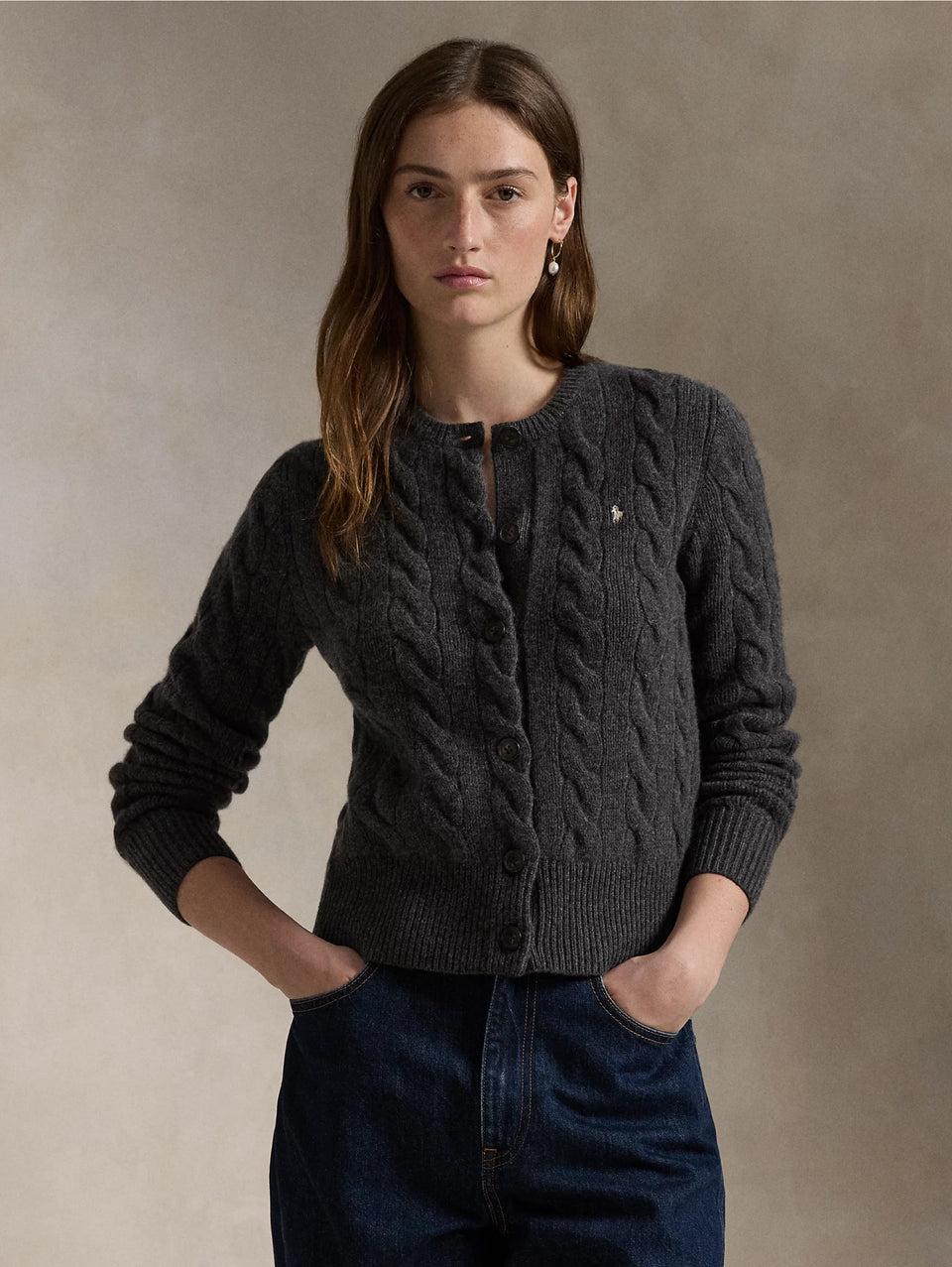 RALPH LAUREN Cardigan a Trecce in Misto Cashmere Grigio