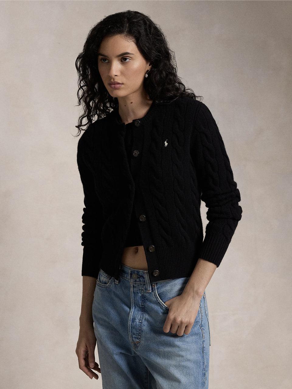 RALPH LAUREN Cardigan a Trecce in Misto Cashmere Nero