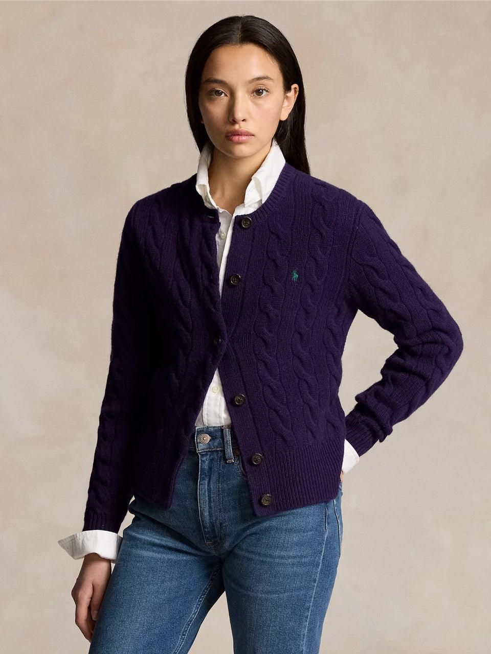 RALPH LAUREN Cardigan a Trecce in Misto Cashmere Viola