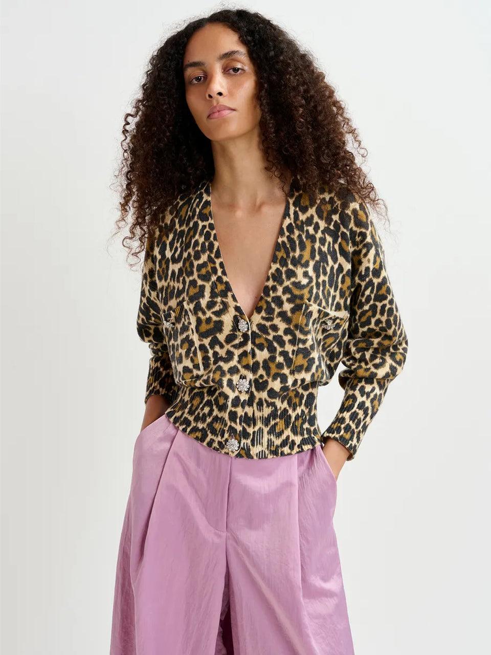 ESSENTIEL ANTWERP Cardigan Animalier con Bottoni Gioiello Nero