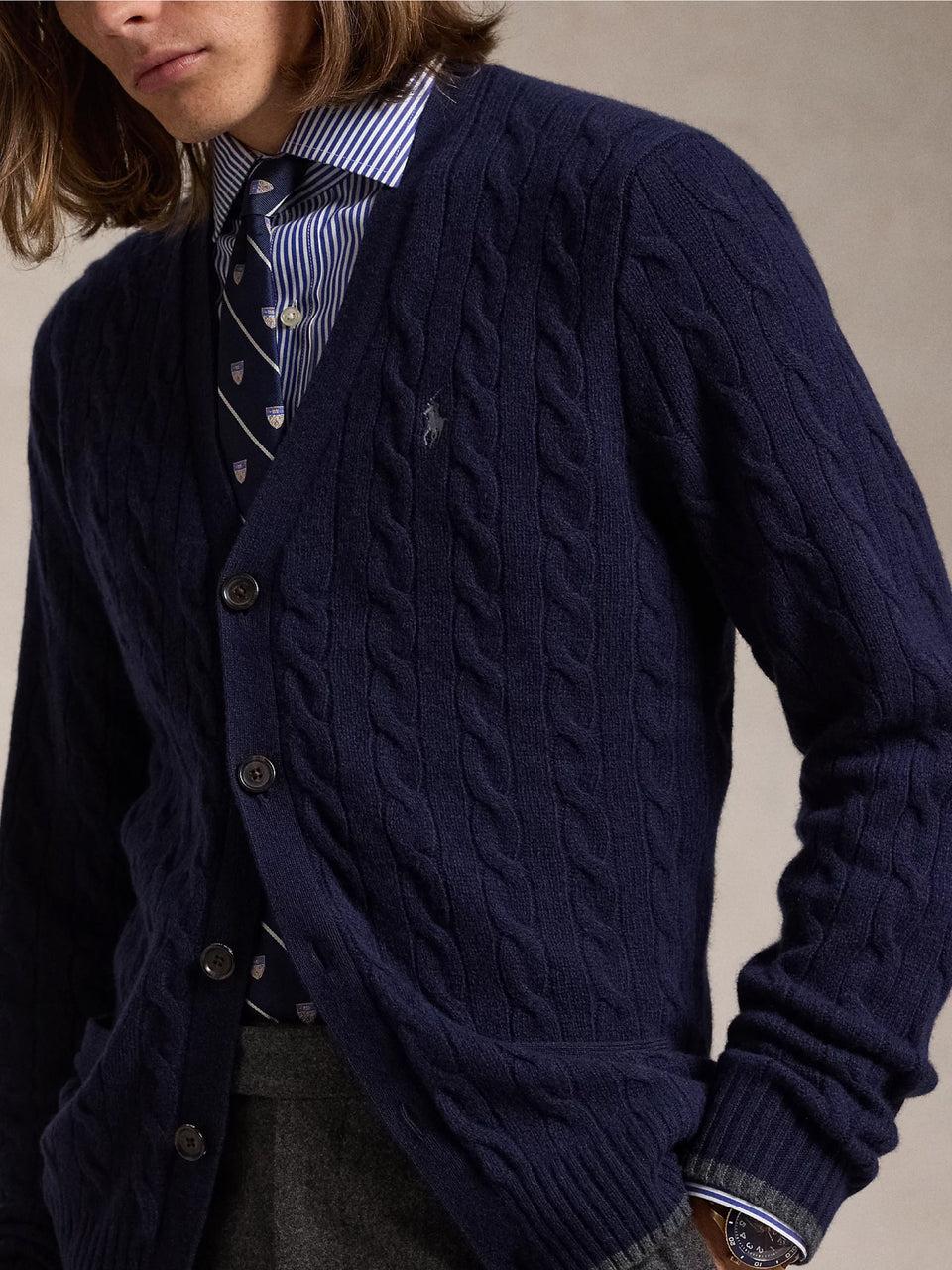 RALPH LAUREN Cardigan In Lana E Cashmere A Trecce Blu