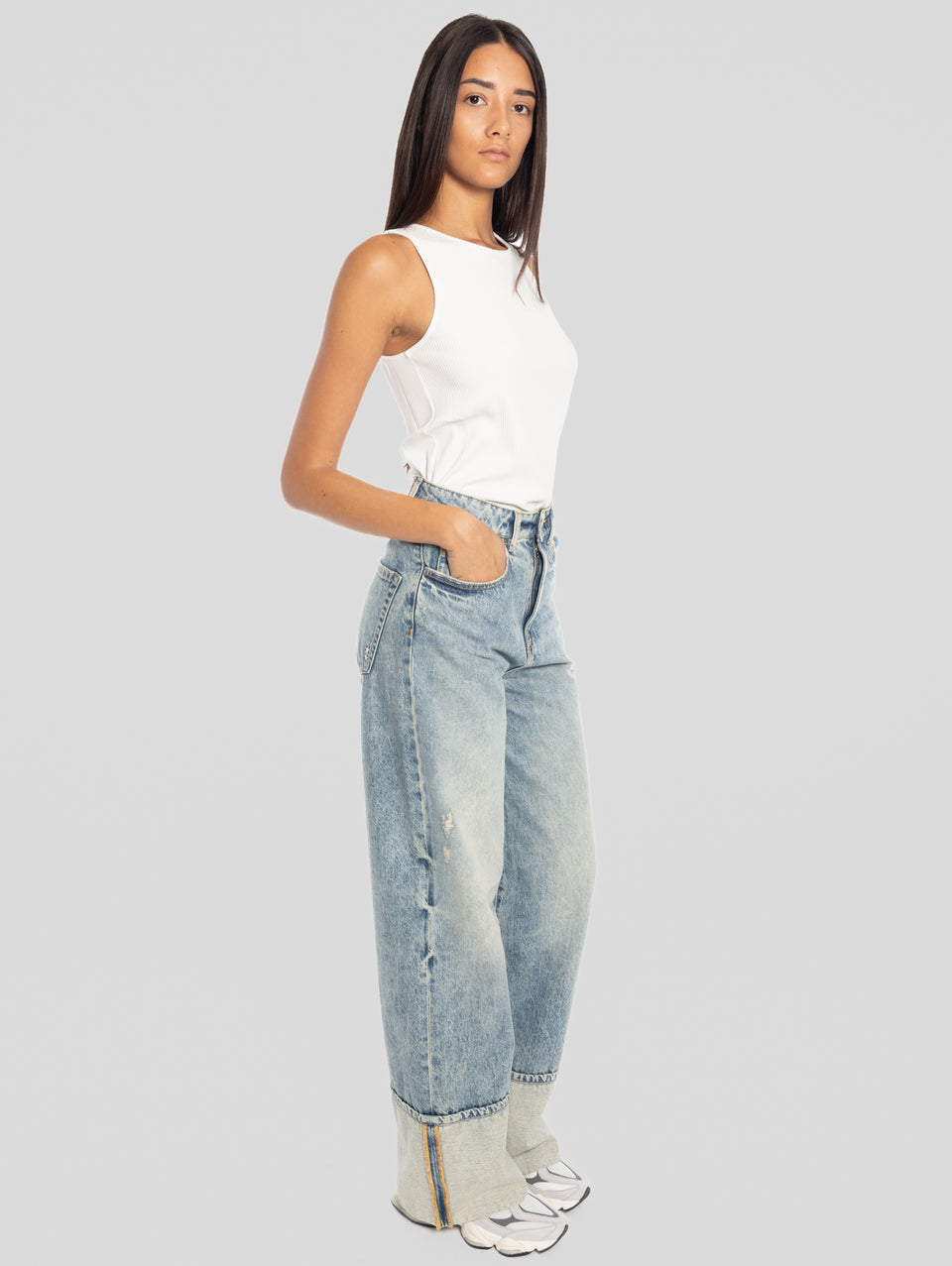ICON DENIM Jeans Kiki Wide Leg Con Maxi Risvolto Blu