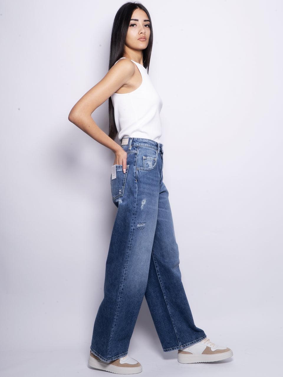 ICON DENIM Jeans Poppy Con Dettagli Used Wide Leg Blu