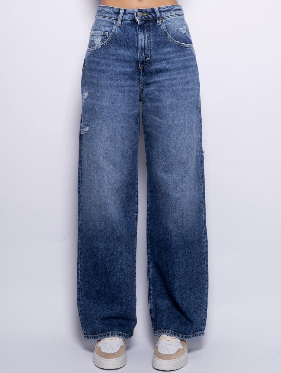 ICON DENIM Jeans Poppy con Dettagli Used Wide Leg Blu