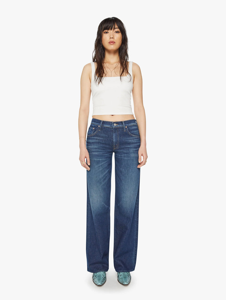 MOTHER Jeans Vita Bassa E Gamba Larga Superior Blu Scuro