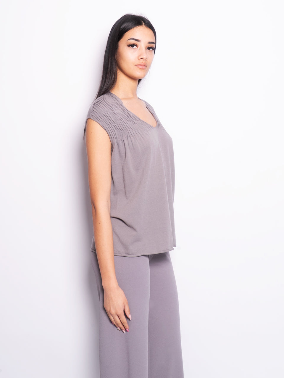 KANGRA Top In Cotone Con Pieghe Piombo