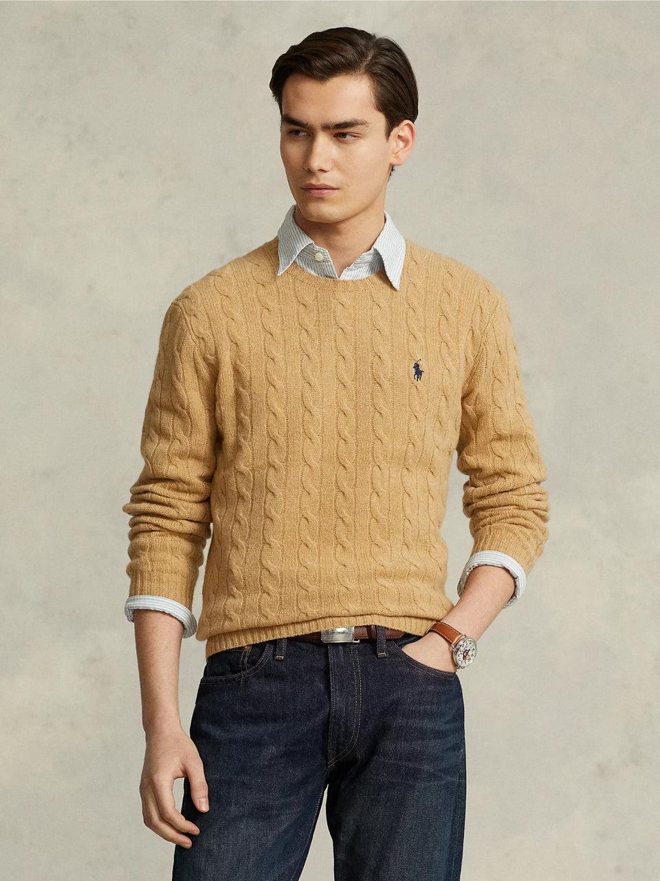 RALPH LAUREN Maglia in Lana e Cashmere a Trecce Cammello