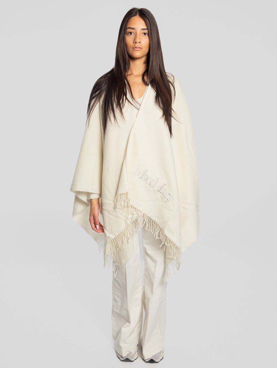MAX MARA LEISURE Poncho in Lana con Frange Bianco