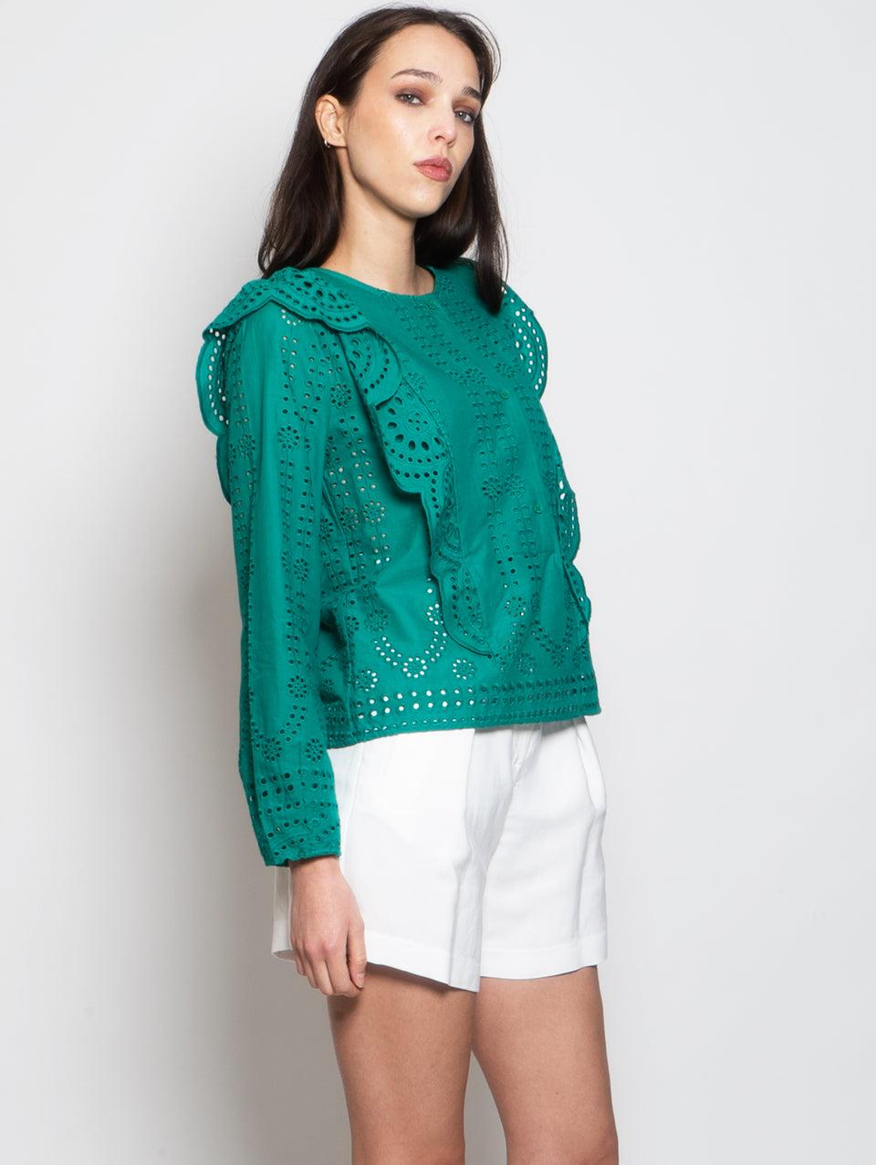 MUNTHE Blusa Girocollo In Cotone Con Ricami Verde
