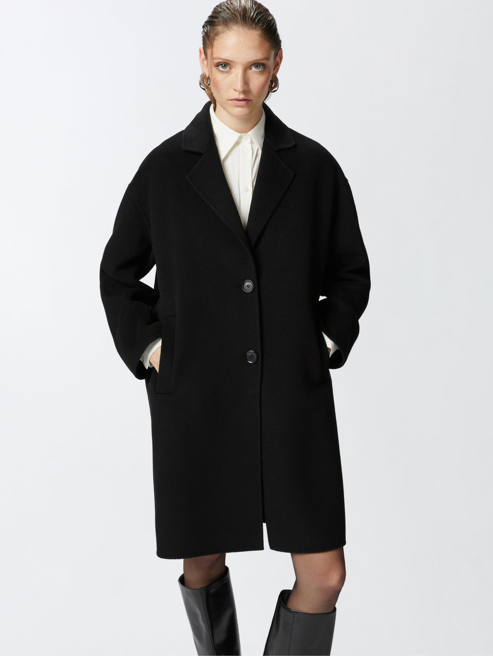 PINKO Cappotto Monopetto in Double di Lana Nero