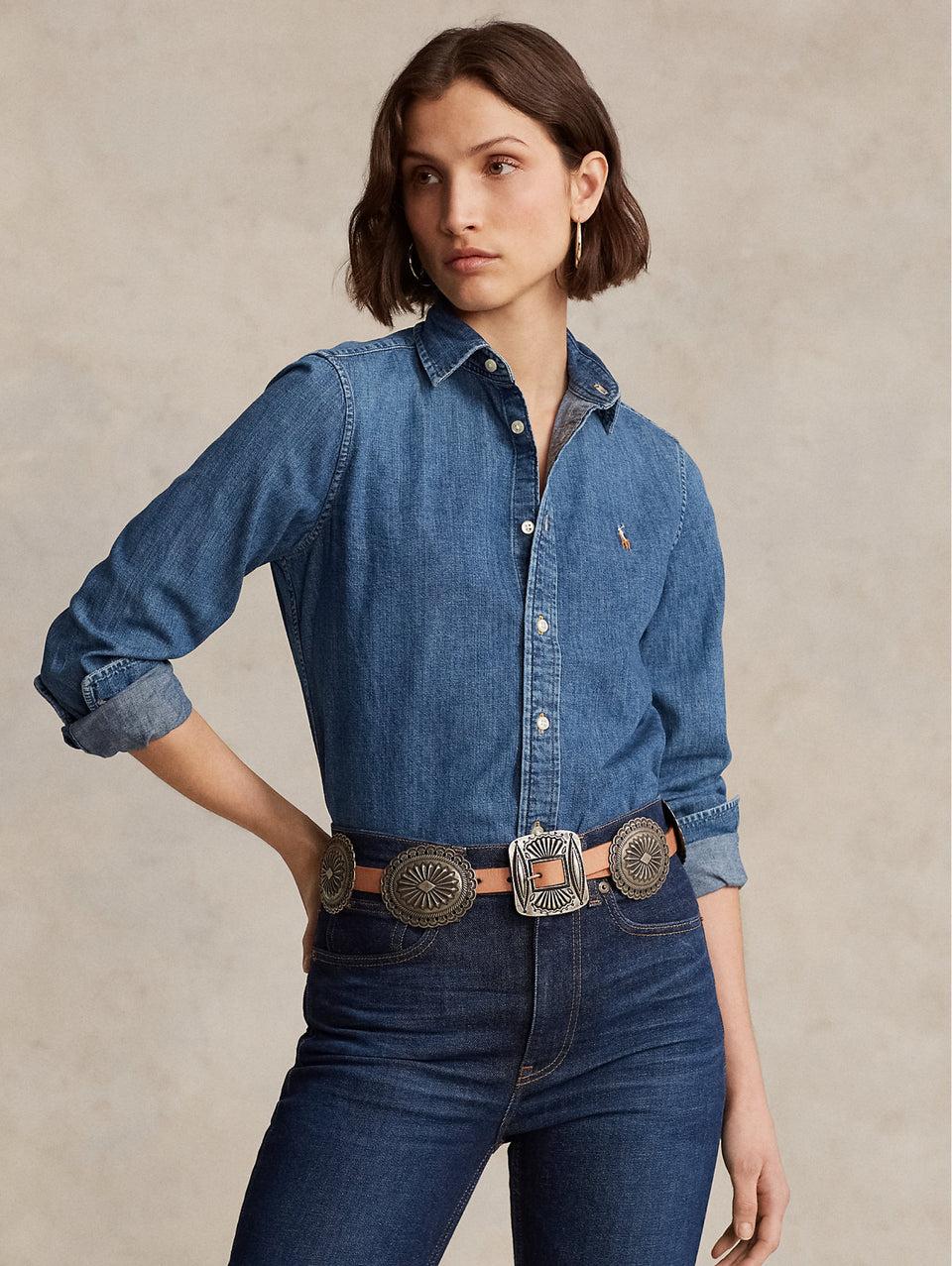 RALPH LAUREN Camicia in Twill di Cotone Denim Blu