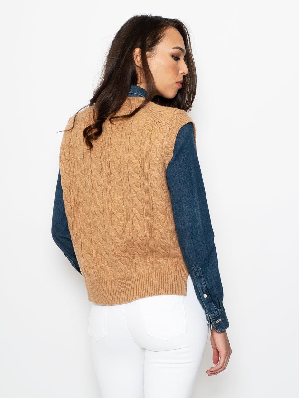 RALPH LAUREN Gilet A Trecce Scollo A V Cammello