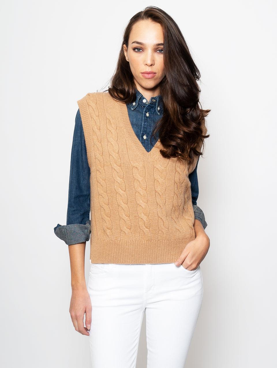 RALPH LAUREN Gilet a Trecce Scollo a V Cammello