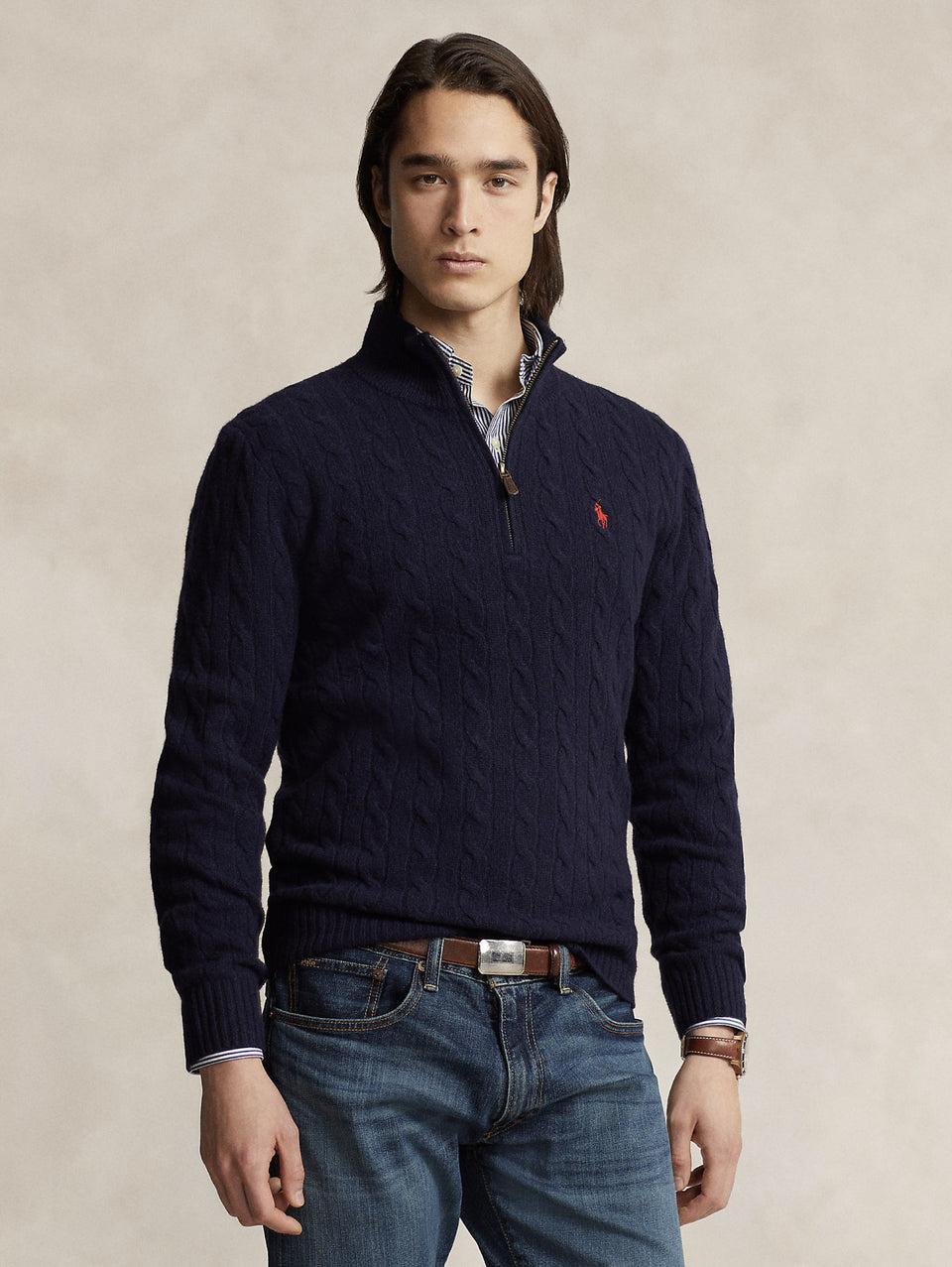 RALPH LAUREN Maglia Mezza Zip a Trecce Blu