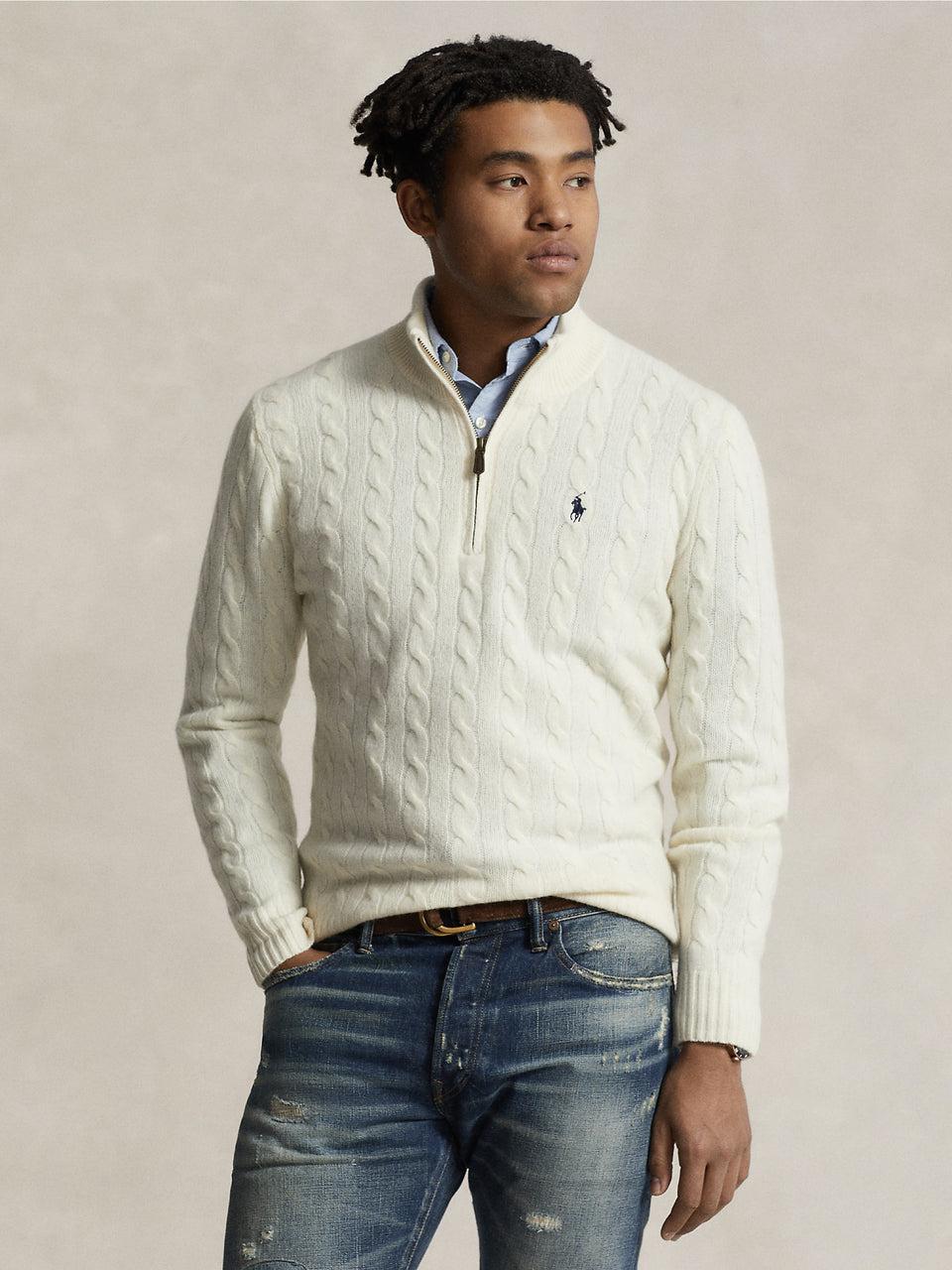 RALPH LAUREN Maglia Mezza Zip a Trecce Crema