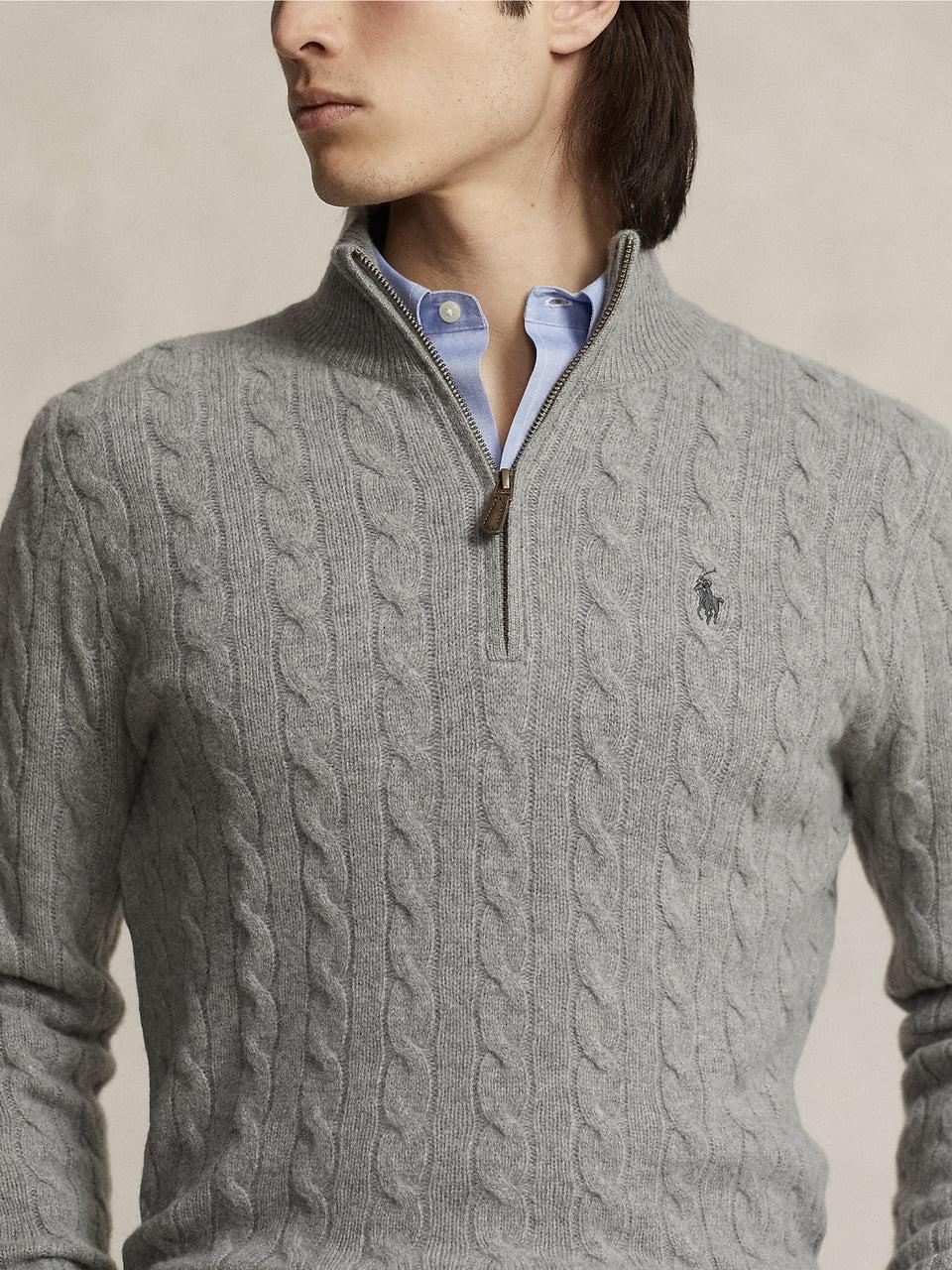 RALPH LAUREN Maglia Mezza Zip A Trecce Grigio