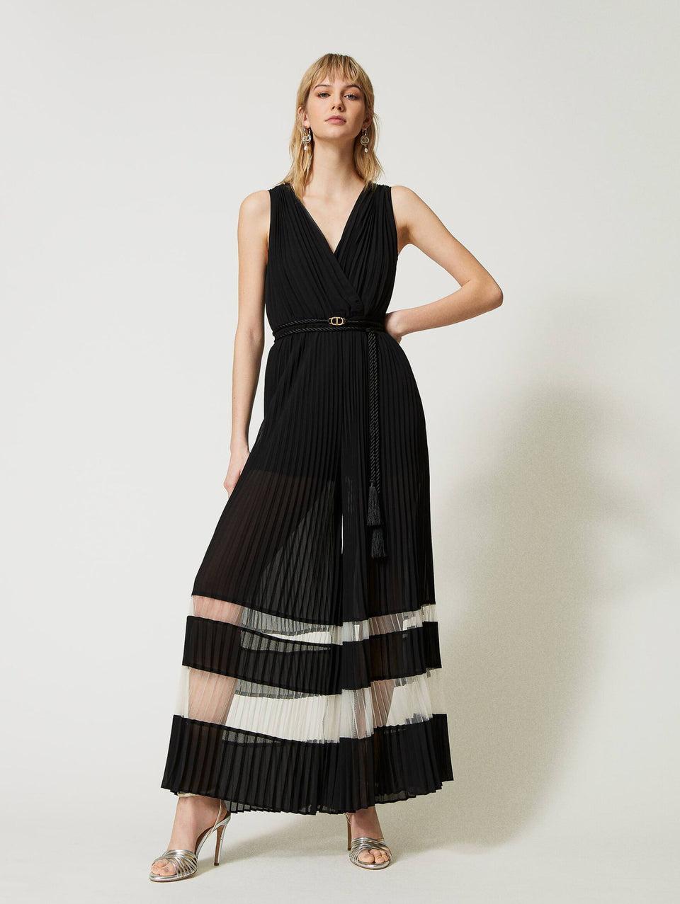 TWIN SET Tuta In Georgette Plissé Nero/Bianco