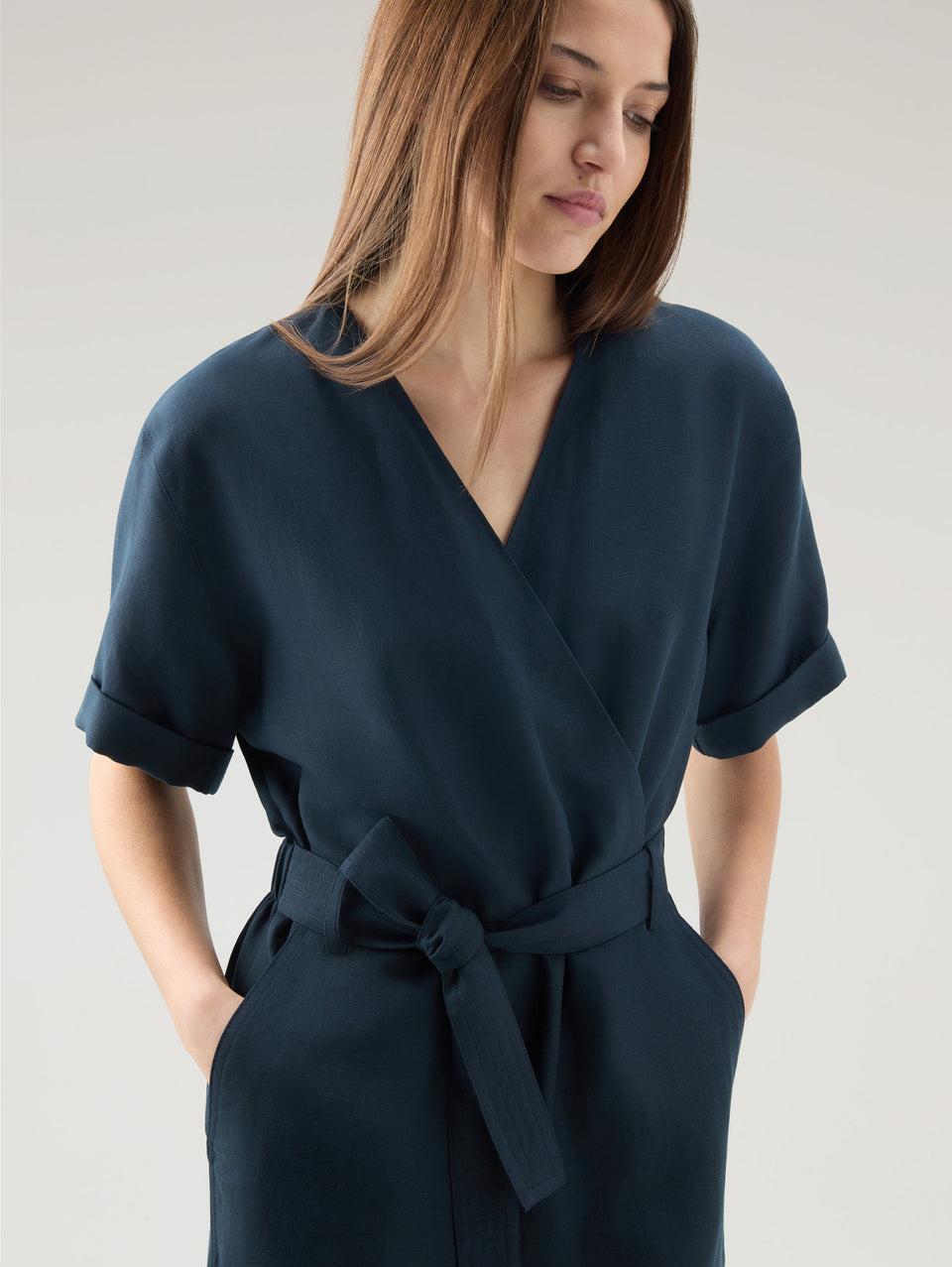 WOOLRICH Tuta In Lino Con Scollo A V Blu