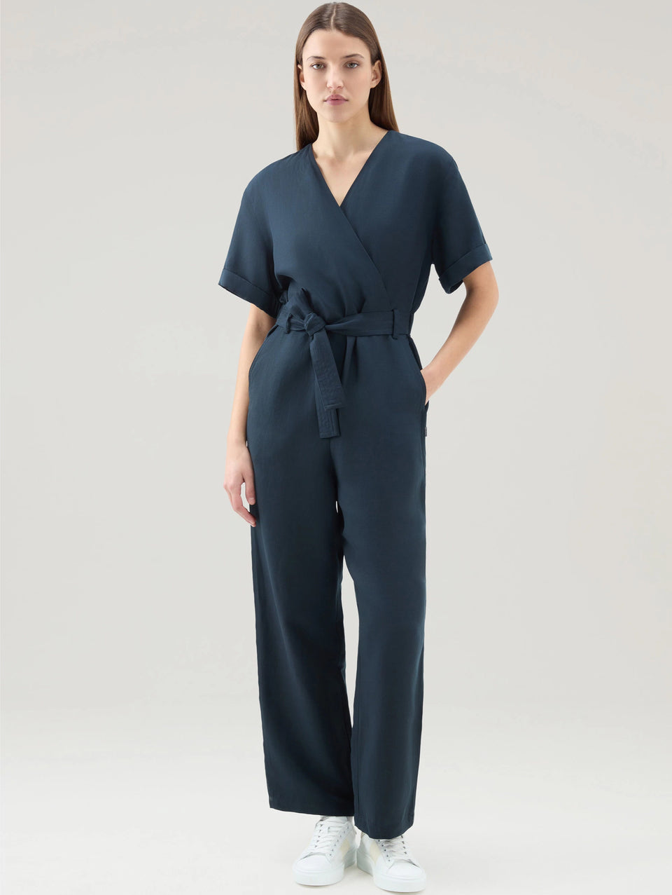 WOOLRICH Tuta in Lino con Scollo a V Blu