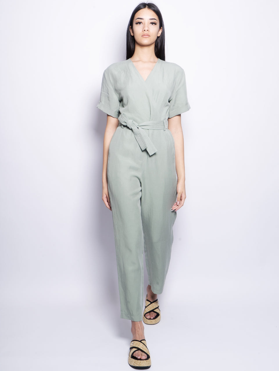 WOOLRICH Tuta in Lino con Scollo a V Salvia