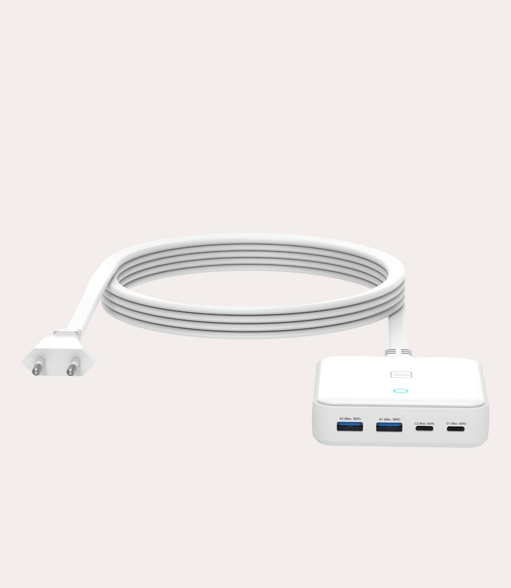 Tucano Cricabatteria 4 Porte Da Scrivania Da 65W USB-A/USB-C GaN Con Cavo Da 1 5 Mt E Presa EU