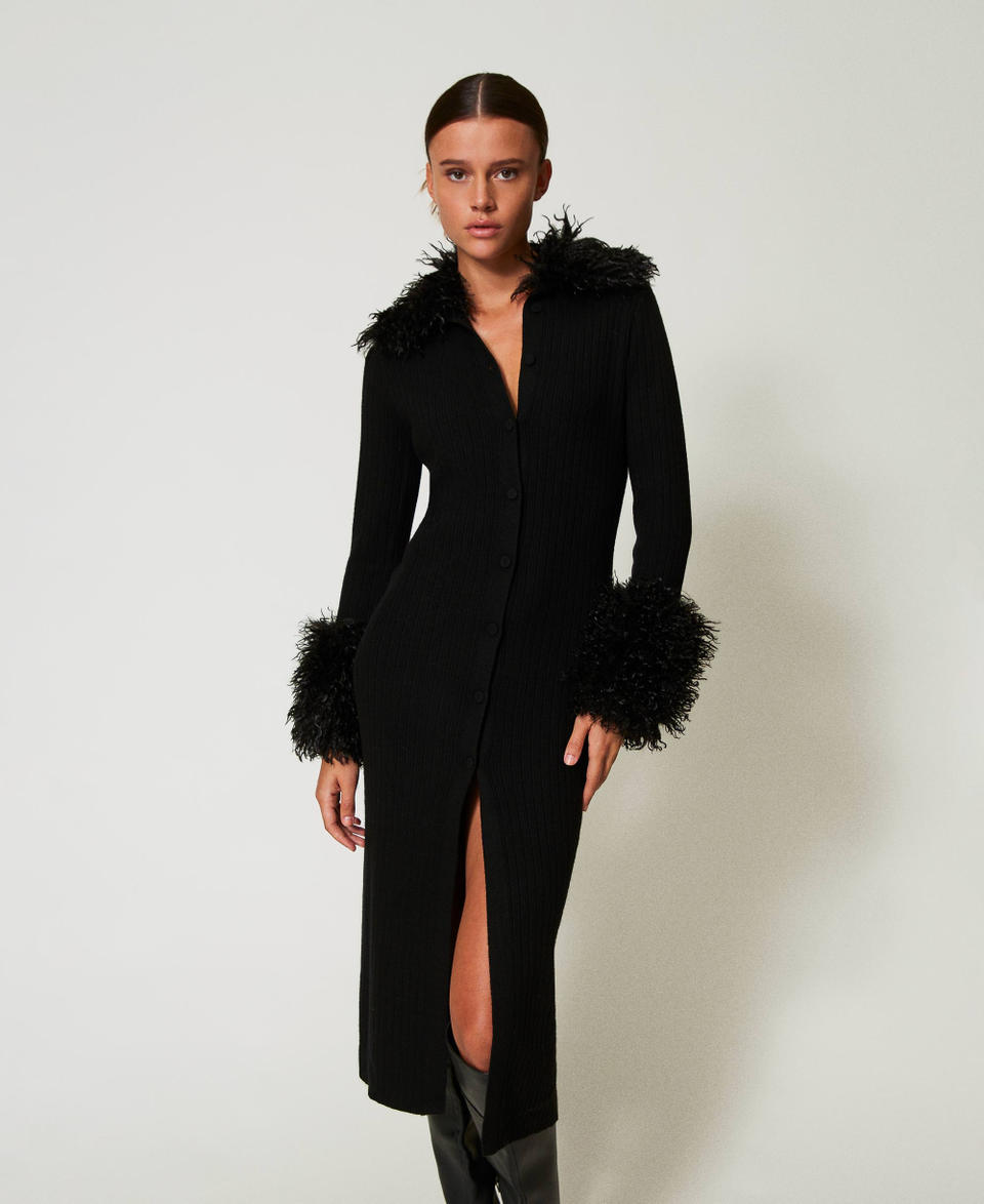 Twin Set Abito-cardigan lungo in misto lana e faux fur