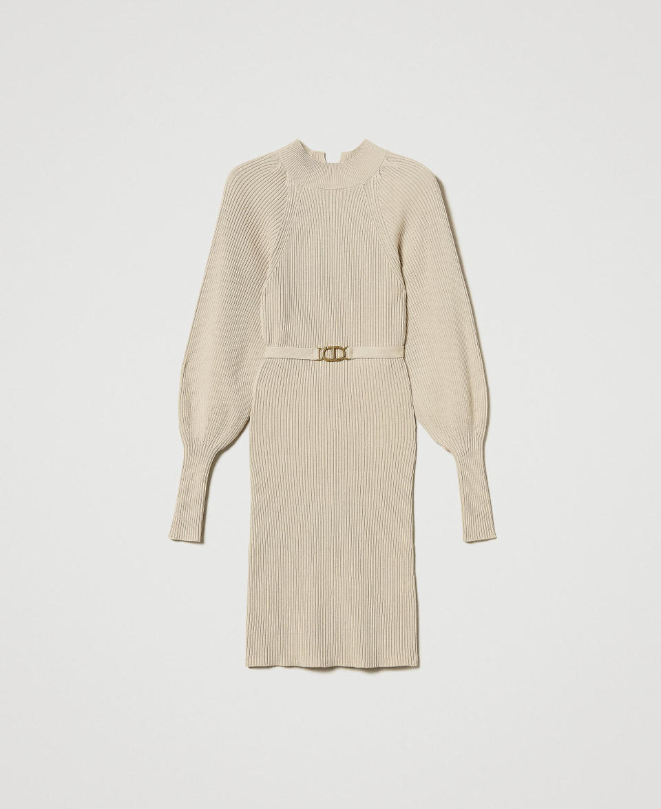 Twin Set Abito Corto In Maglia A Costine Con Cintura