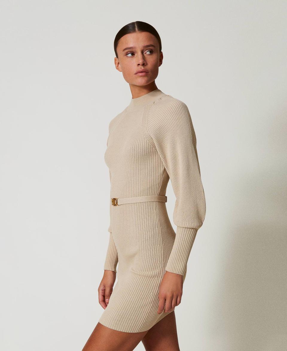 Twin Set Abito Corto In Maglia A Costine Con Cintura