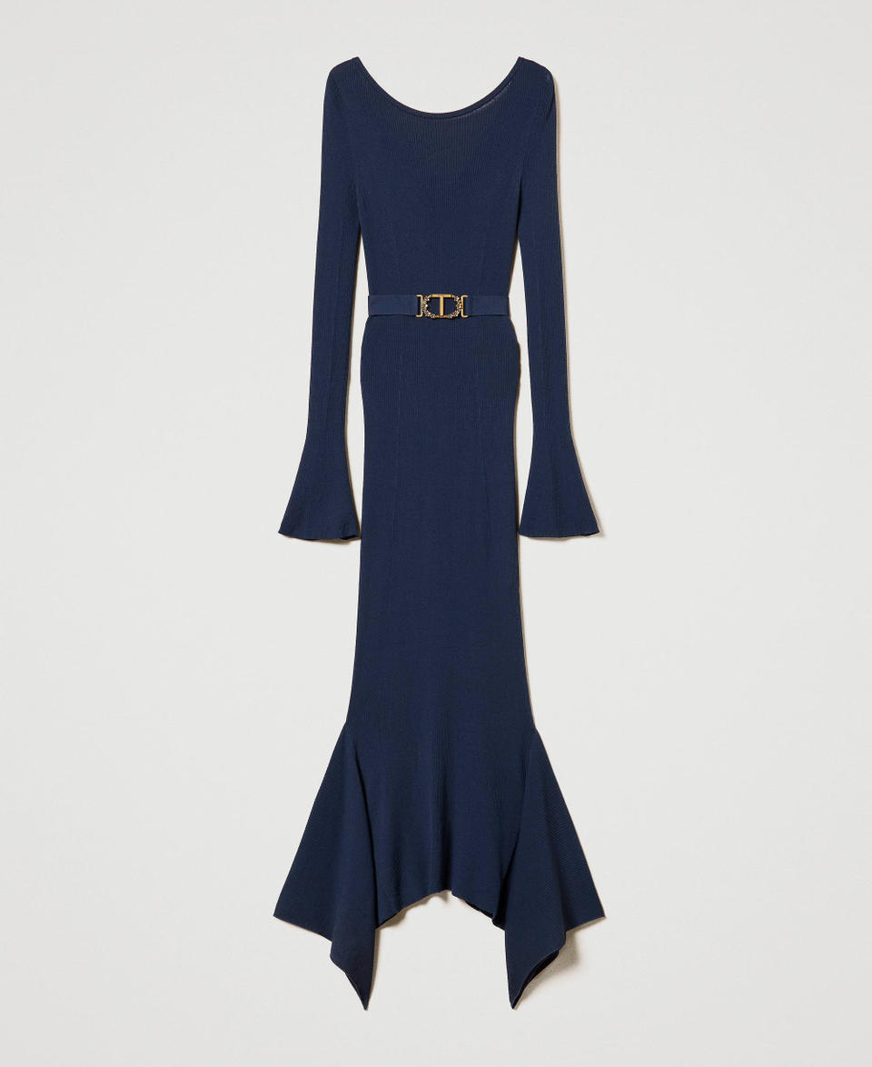 Twin Set Abito Longuette In Maglia Con Cintura E Volant