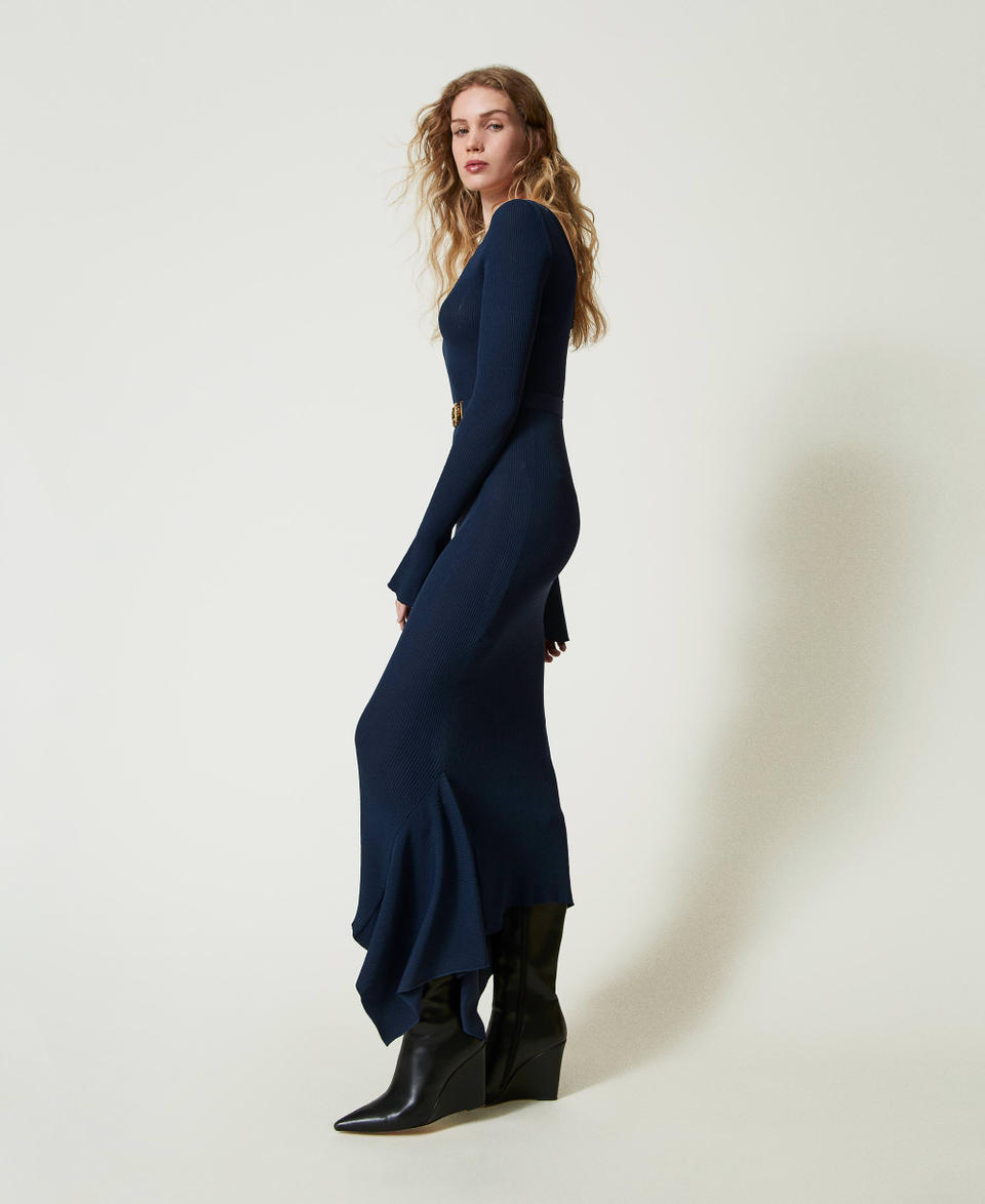 Twin Set Abito Longuette In Maglia Con Cintura E Volant