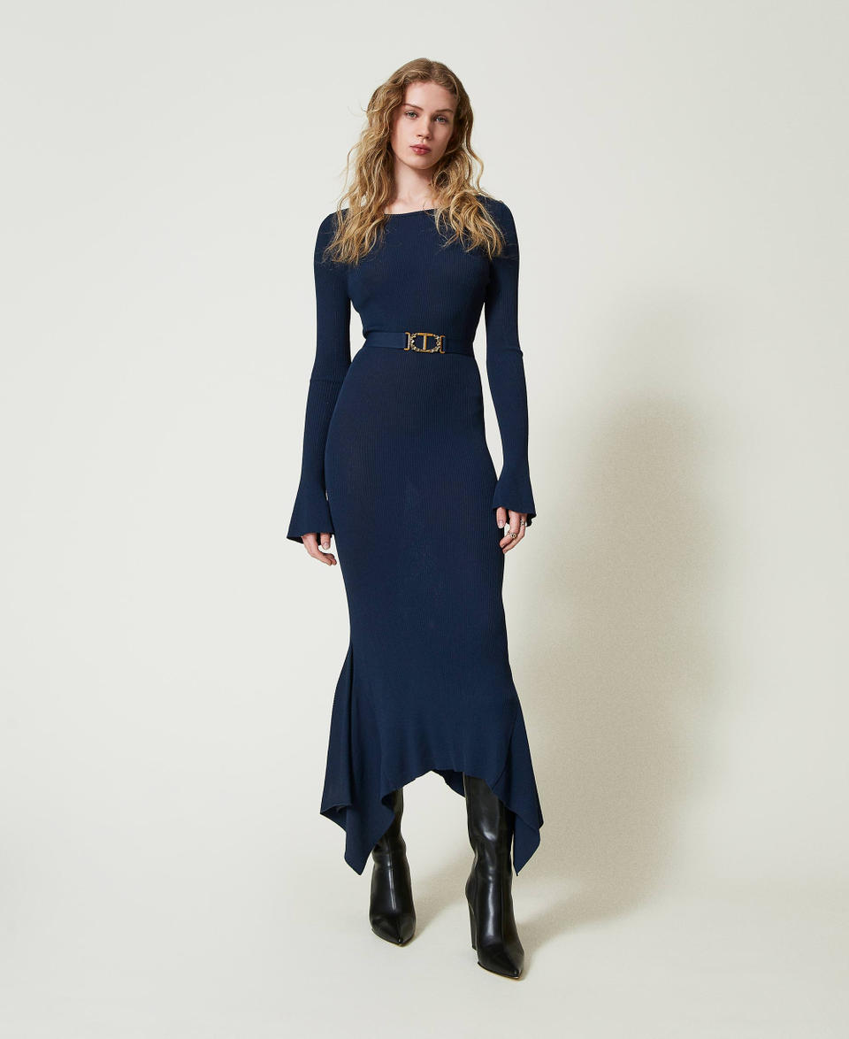 Twin Set Abito longuette in maglia con cintura e volant