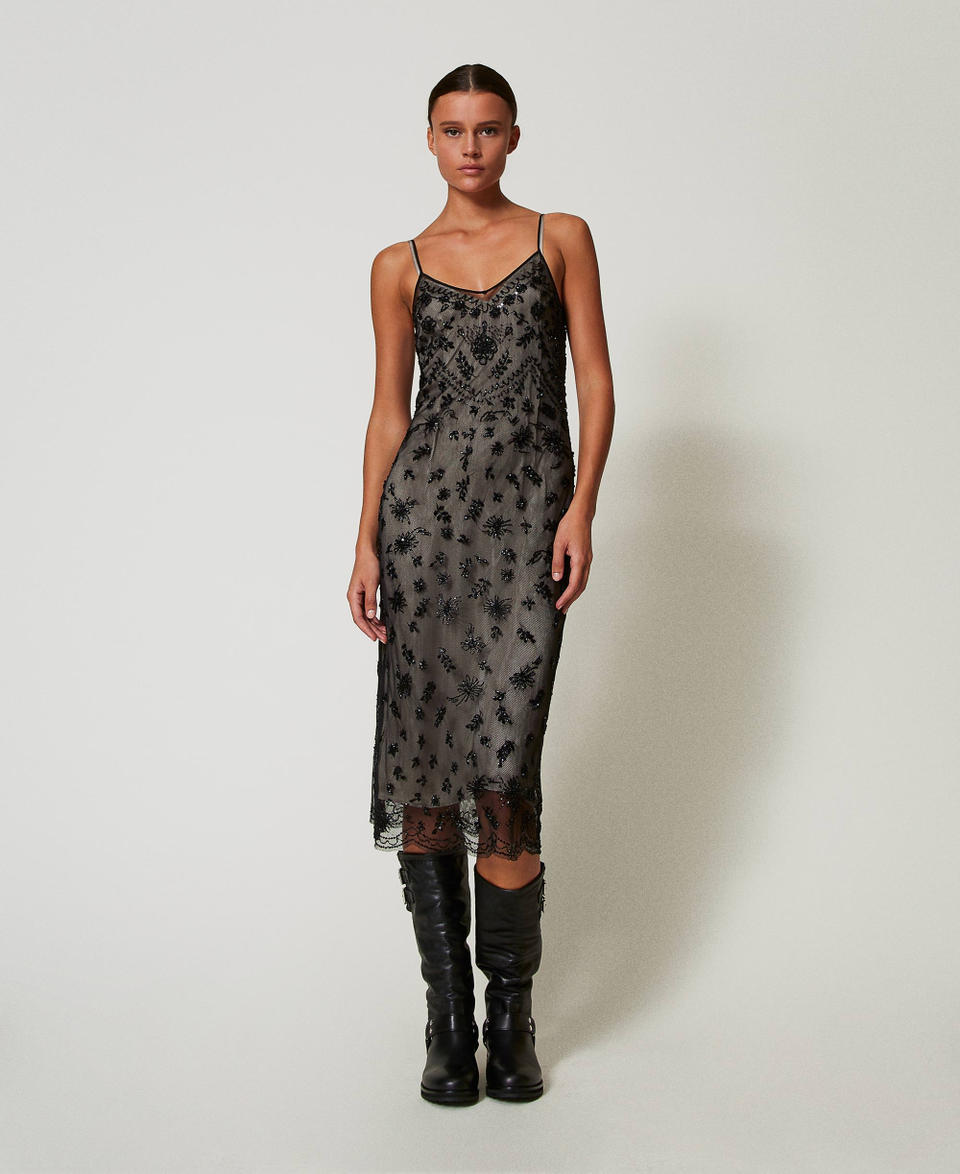 Twin Set Abito Longuette In Tulle Con Ricamo A Mano