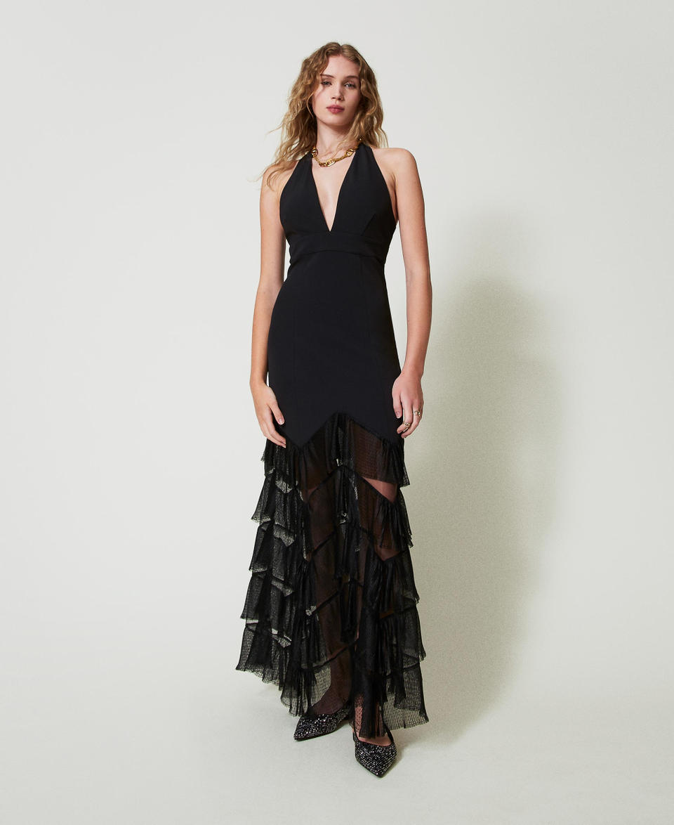 Twin Set Abito lungo halter con balze plissé in tulle