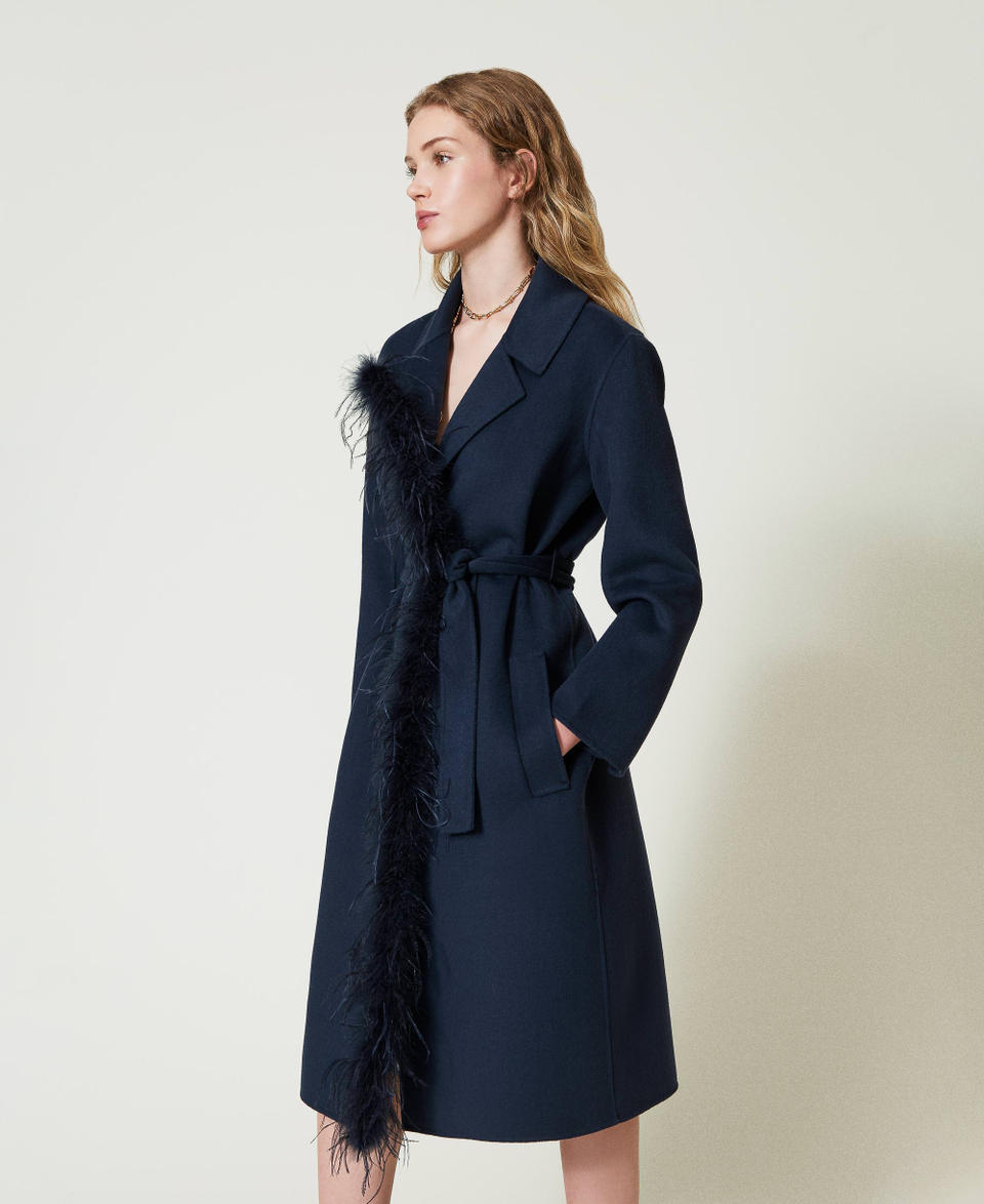 Twin Set Cappotto In Panno Double Misto Lana Con Piume