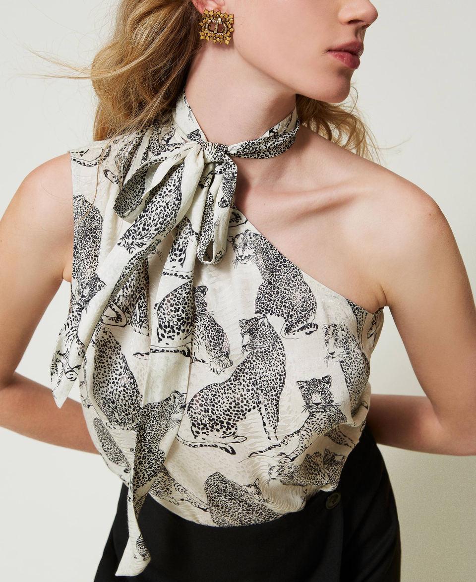 Twin Set Top monospalla jacquard con stampa giaguaro