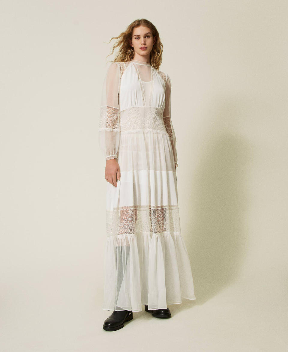 Twin Set Abito In Creponne Di Seta Con Pizzo