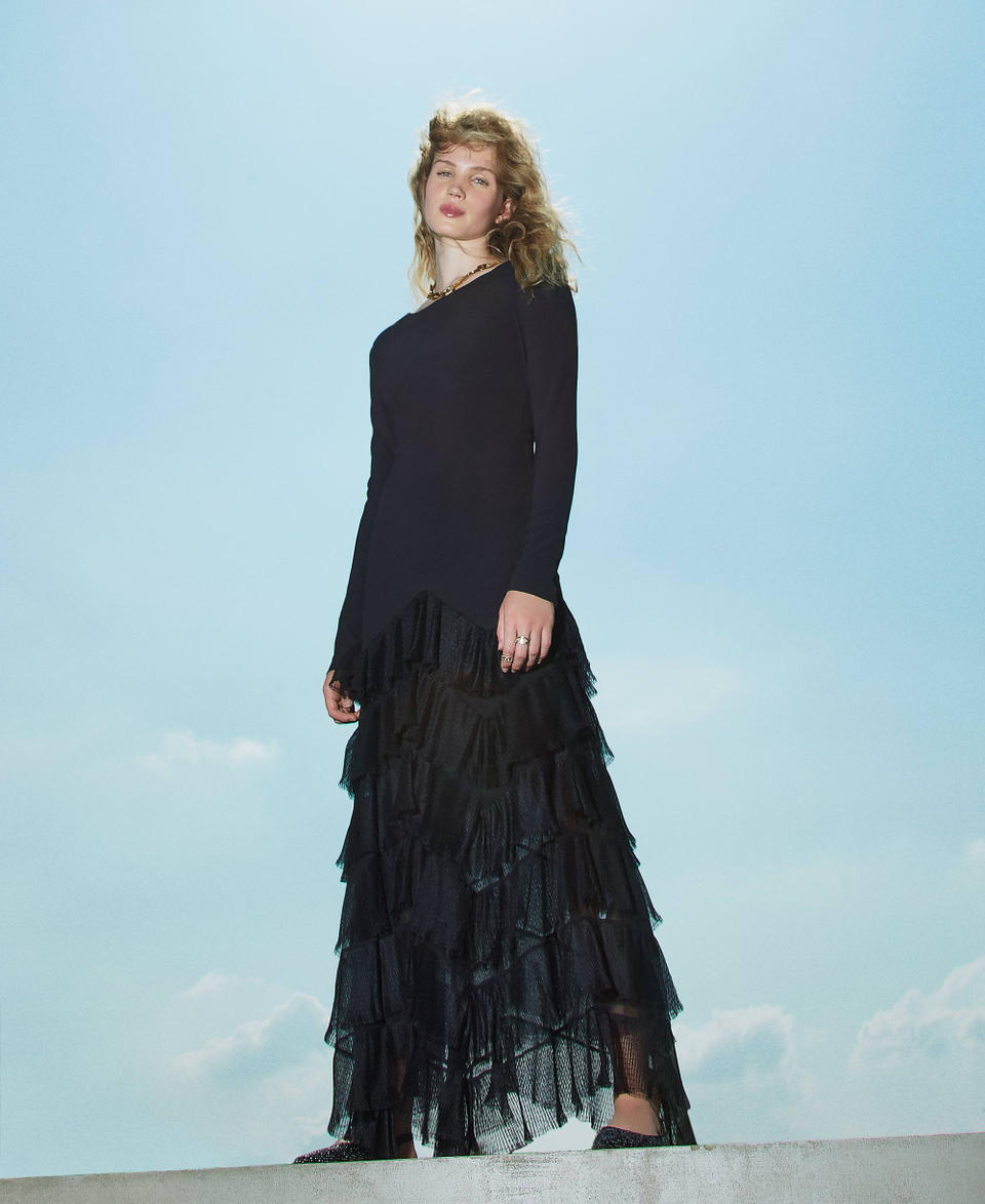 Twin Set Abito lungo con balze plissé in tulle