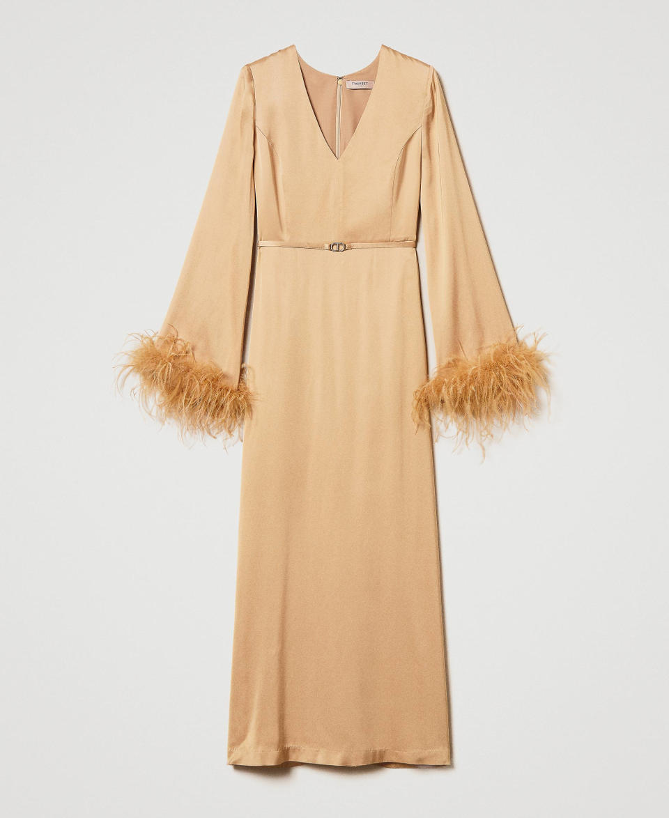 Twin Set Abito Lungo In Raso Con Piume