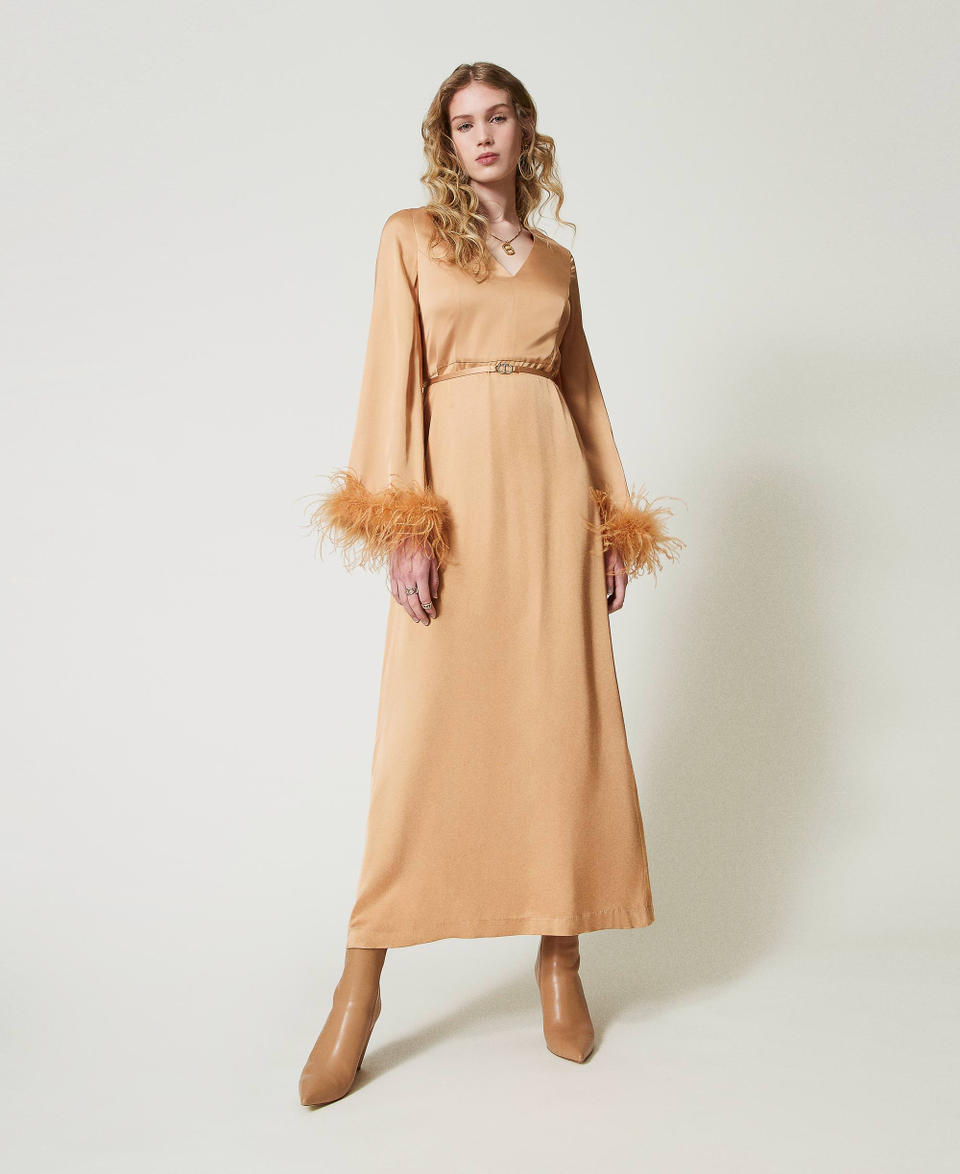Twin Set Abito Lungo In Raso Con Piume