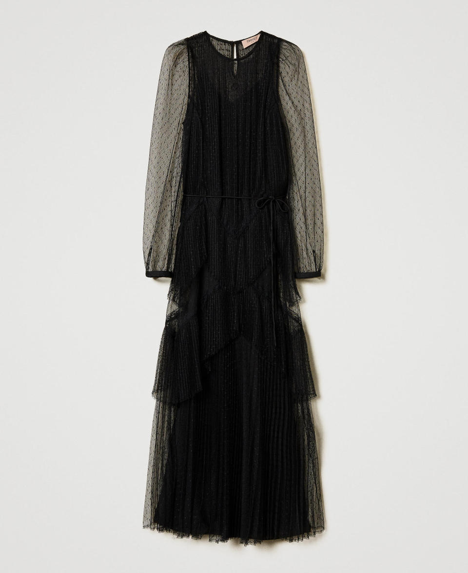 Twin Set Abito Lungo In Tulle Plissé Con Balze