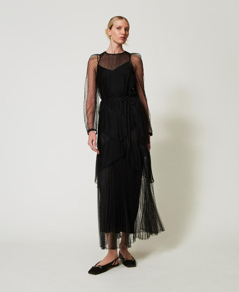 Twin Set Abito lungo in tulle plissé con balze