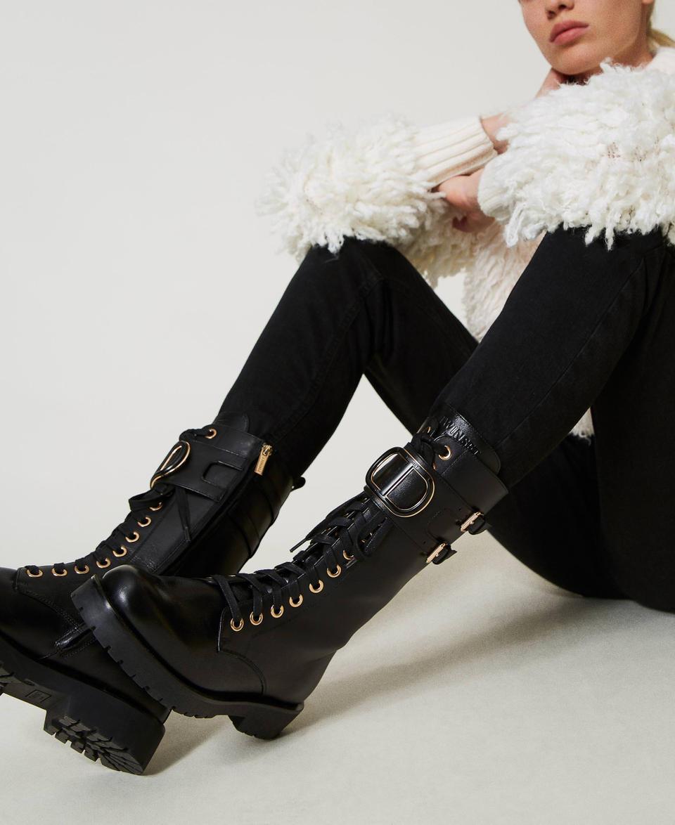 Twin Set Anfibi Alti In Pelle Con Oval T