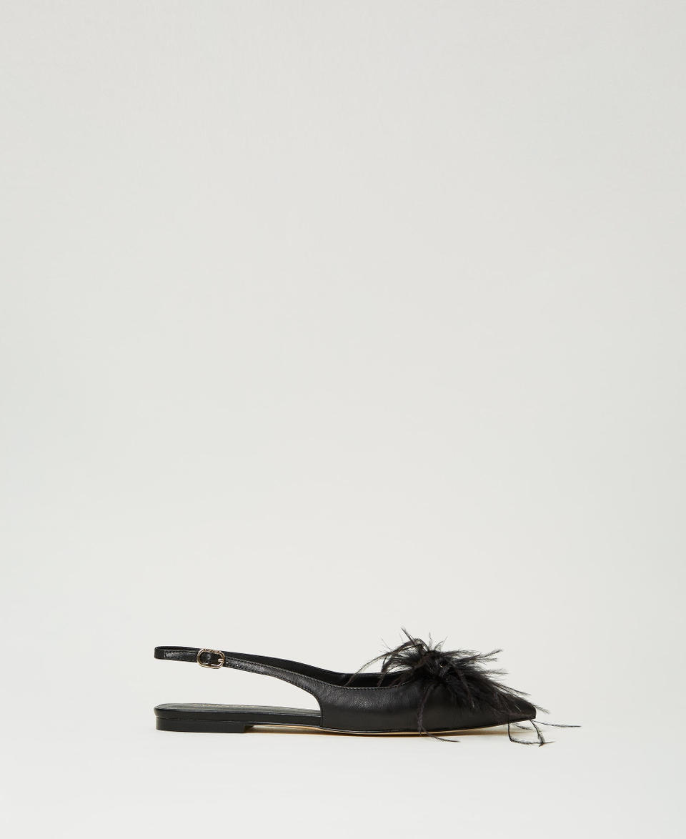Twin Set Ballerine Sling Back In Pelle Con Piume
