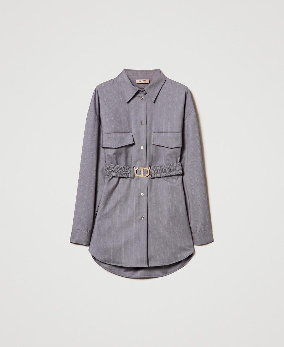 Twin Set Maxi Camicia Gessata Con Cintura