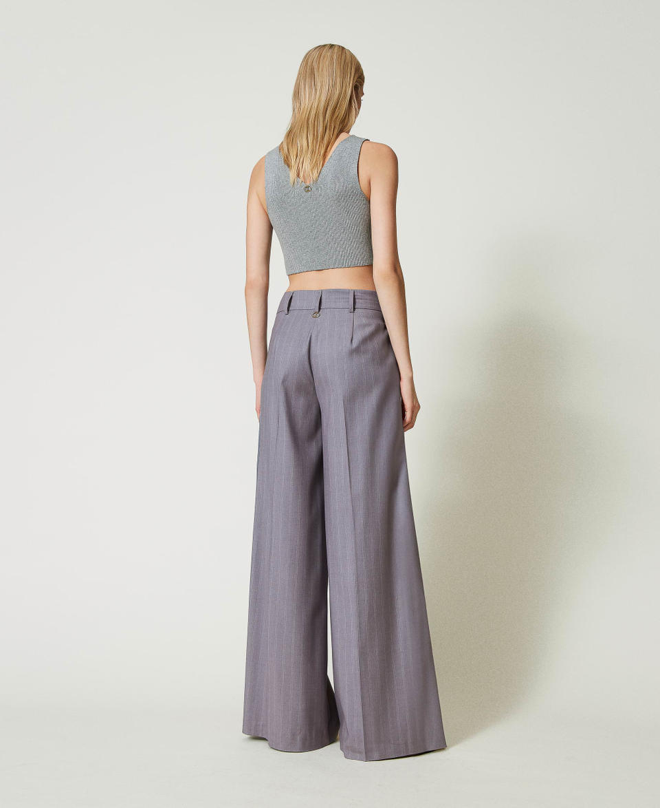 Twin Set Pantaloni Wide Leg Gessati Con Risvolto