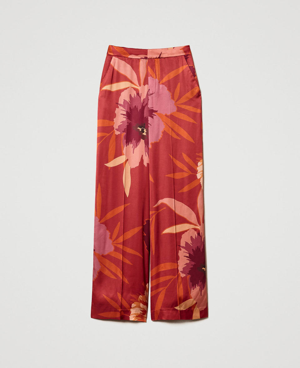 Twin Set Pantaloni Wide Leg In Raso A Fiori