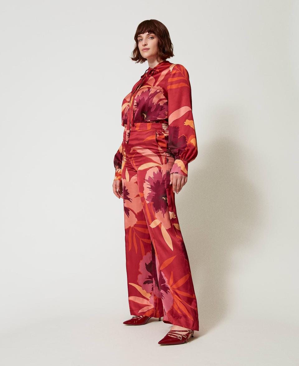 Twin Set Pantaloni Wide Leg In Raso A Fiori