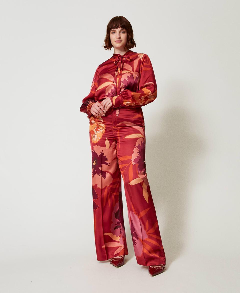 Twin Set Pantaloni wide leg in raso a fiori