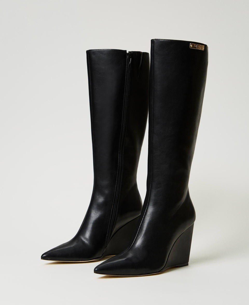 Twin Set Stivali Alti Con Zeppa E Targhetta Logo