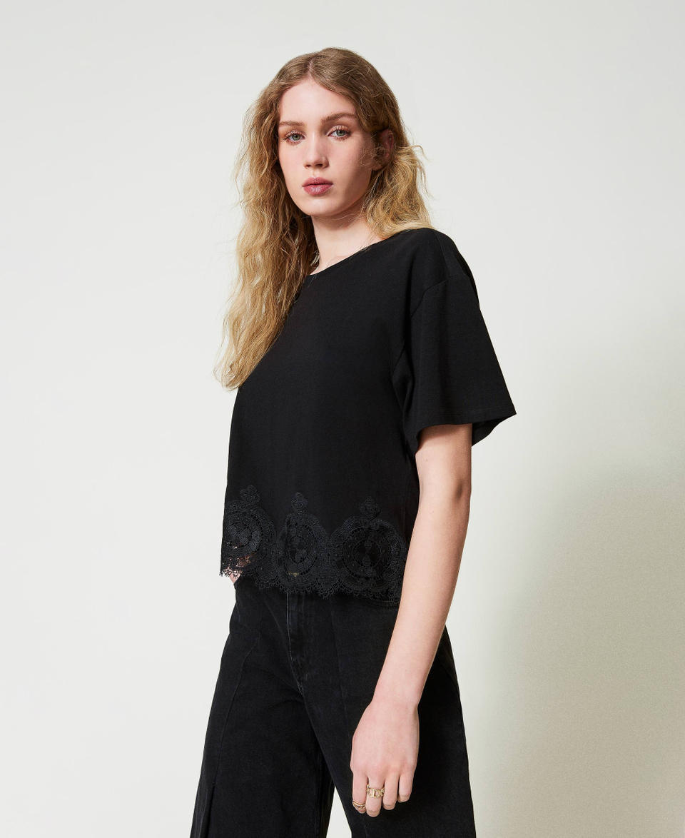 Twin Set T-shirt Cropped Con Pizzo Macramè